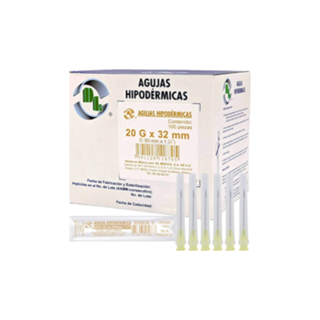 AGUJA HIPODERMICA DESECHABLE DL 20GX32MM C/100