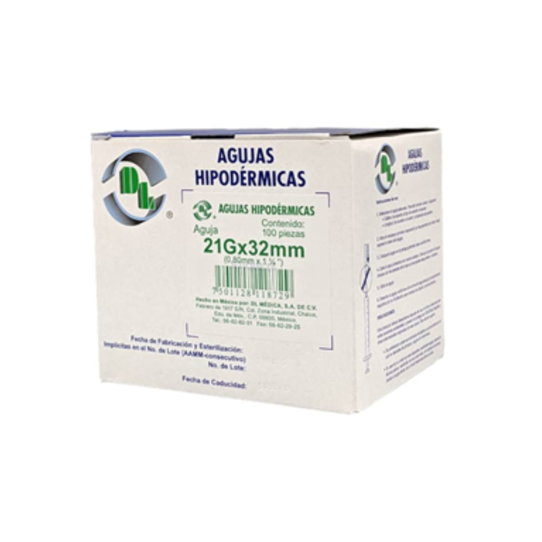 AGUJA HIPODERMICA DESECHABLE 21GX32MM C/100